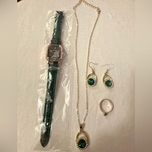 Green Watch Set With Necklace Earrings And Ring